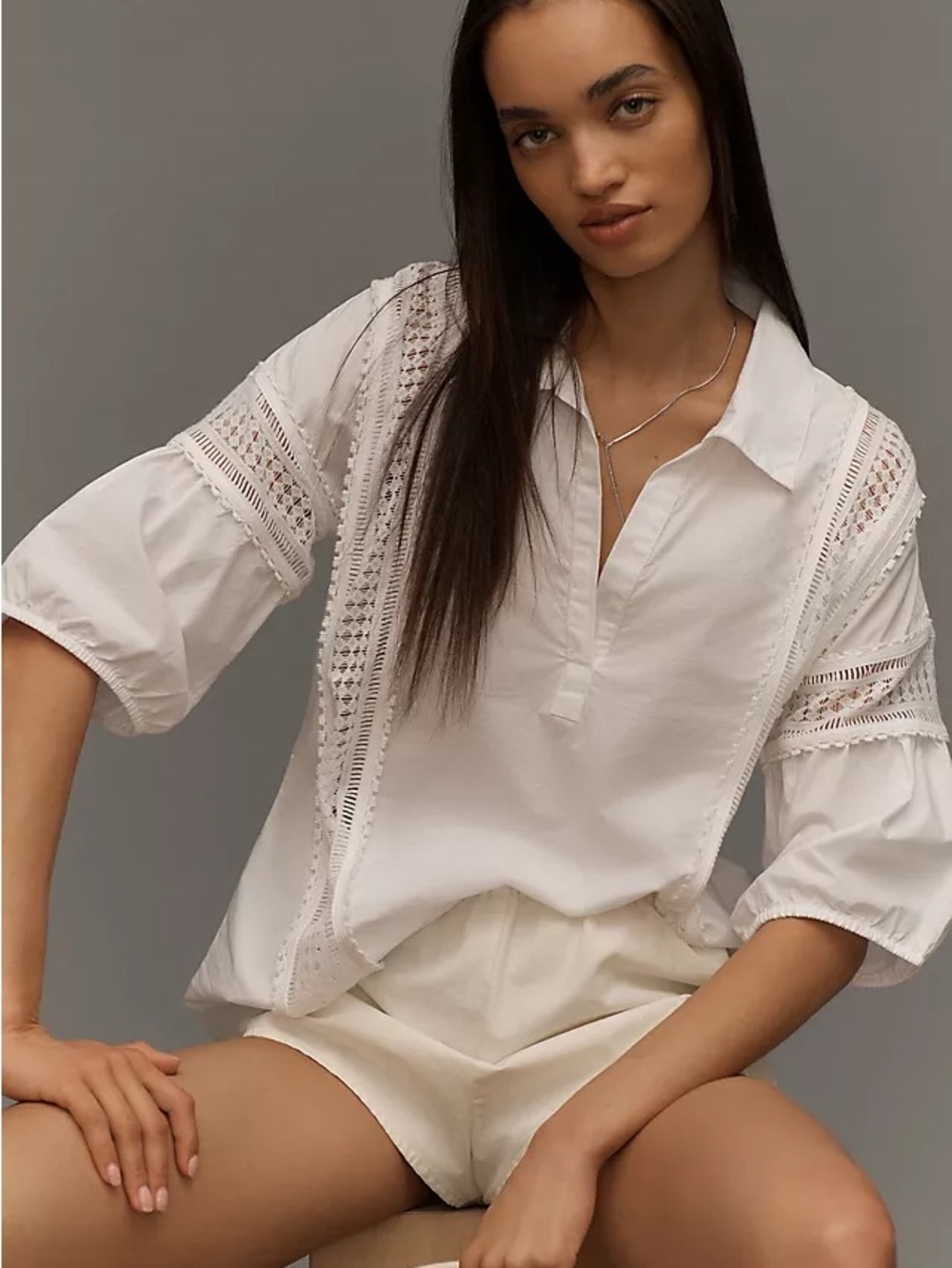 Anthropologie White Lace-Trim Popover Tunic size large